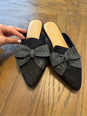 J. Crew Black Pointed Bow Mule Flats with Studded Detail